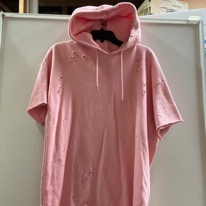 Pink distressed short sleeve hoodie